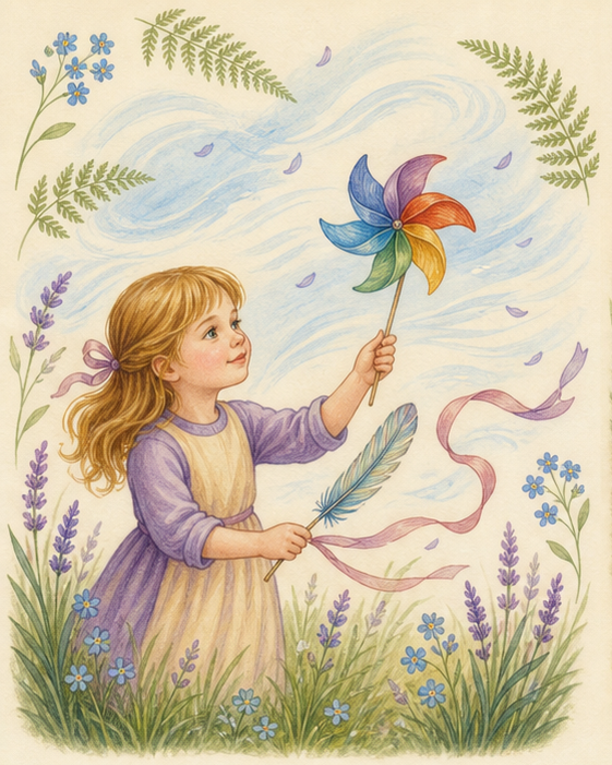 Watercolor of a child testing moving air with a pinwheel, feather, and ribbon