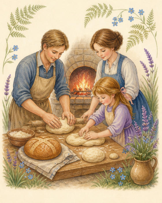 Watercolor of a family baking bread safely near a warm hearth