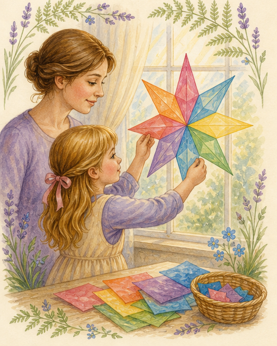 Watercolor of a child and parent making a translucent window star