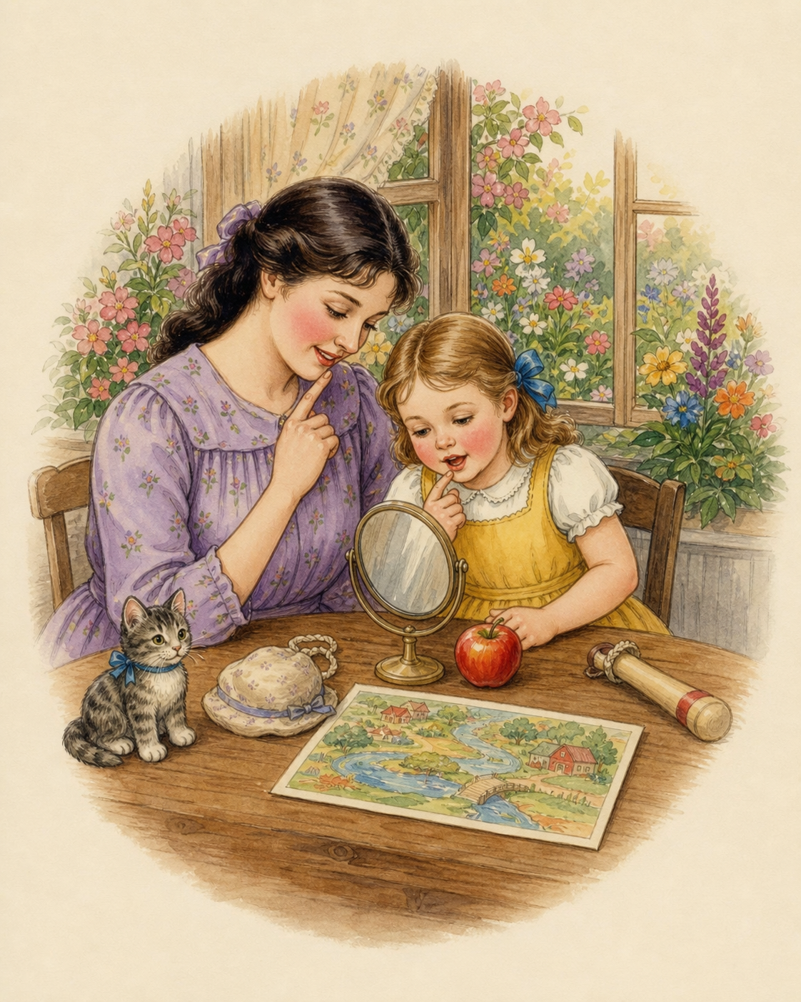 Watercolor of a mother and child practicing short A with an apple, cat, hat, bag, and mirror