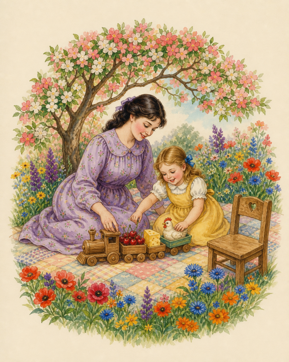 Watercolor of a mother and child practicing CH with a wooden train, chicken, cherries, and cheese