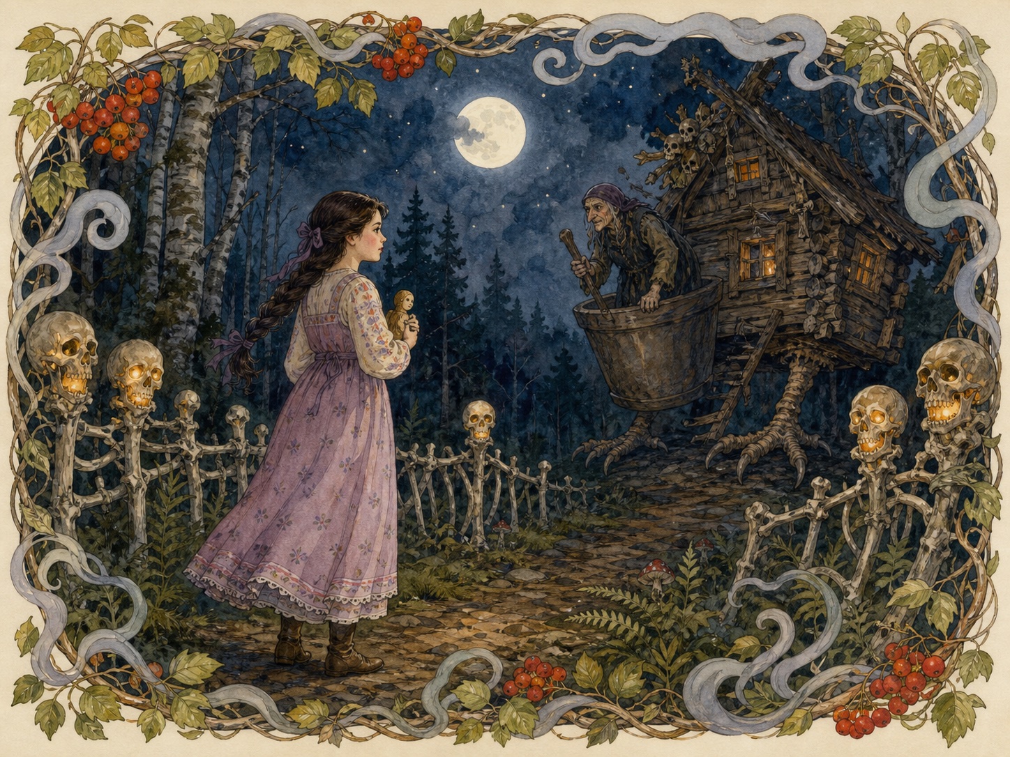 Original watercolor illustration for Vasilisa and Baba Yaga