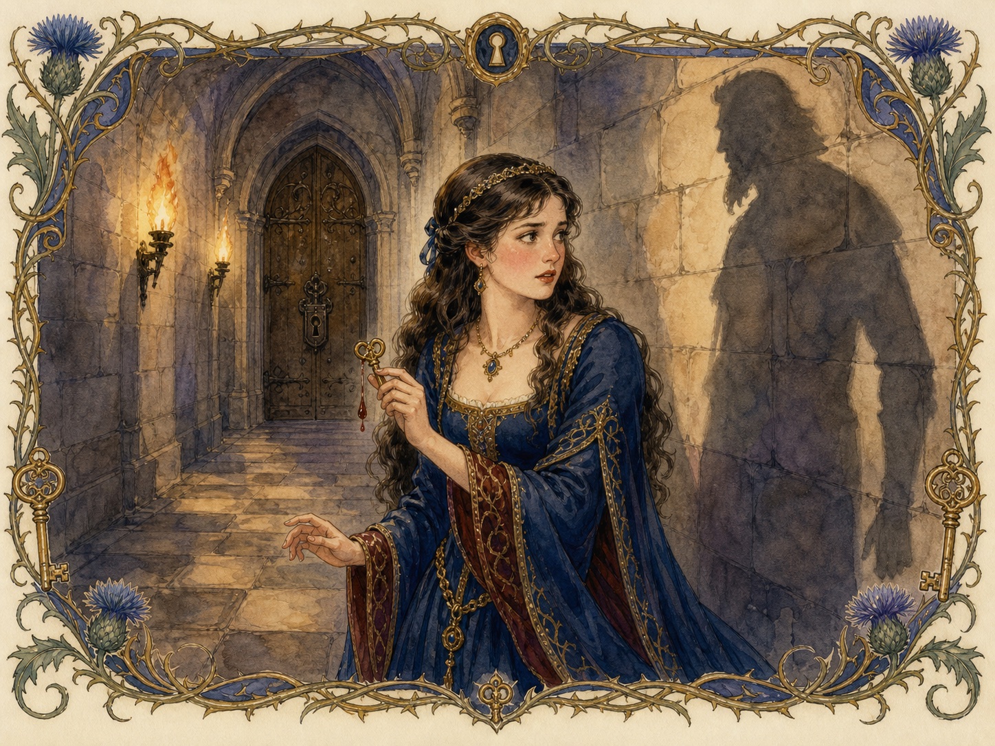 Original watercolor illustration for Bluebeard