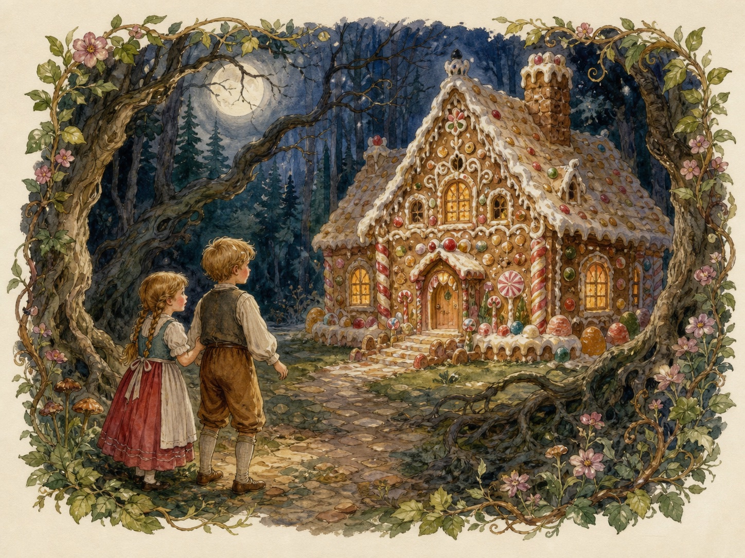 Hansel and Gretel discovering the witch's house in a moonlit forest