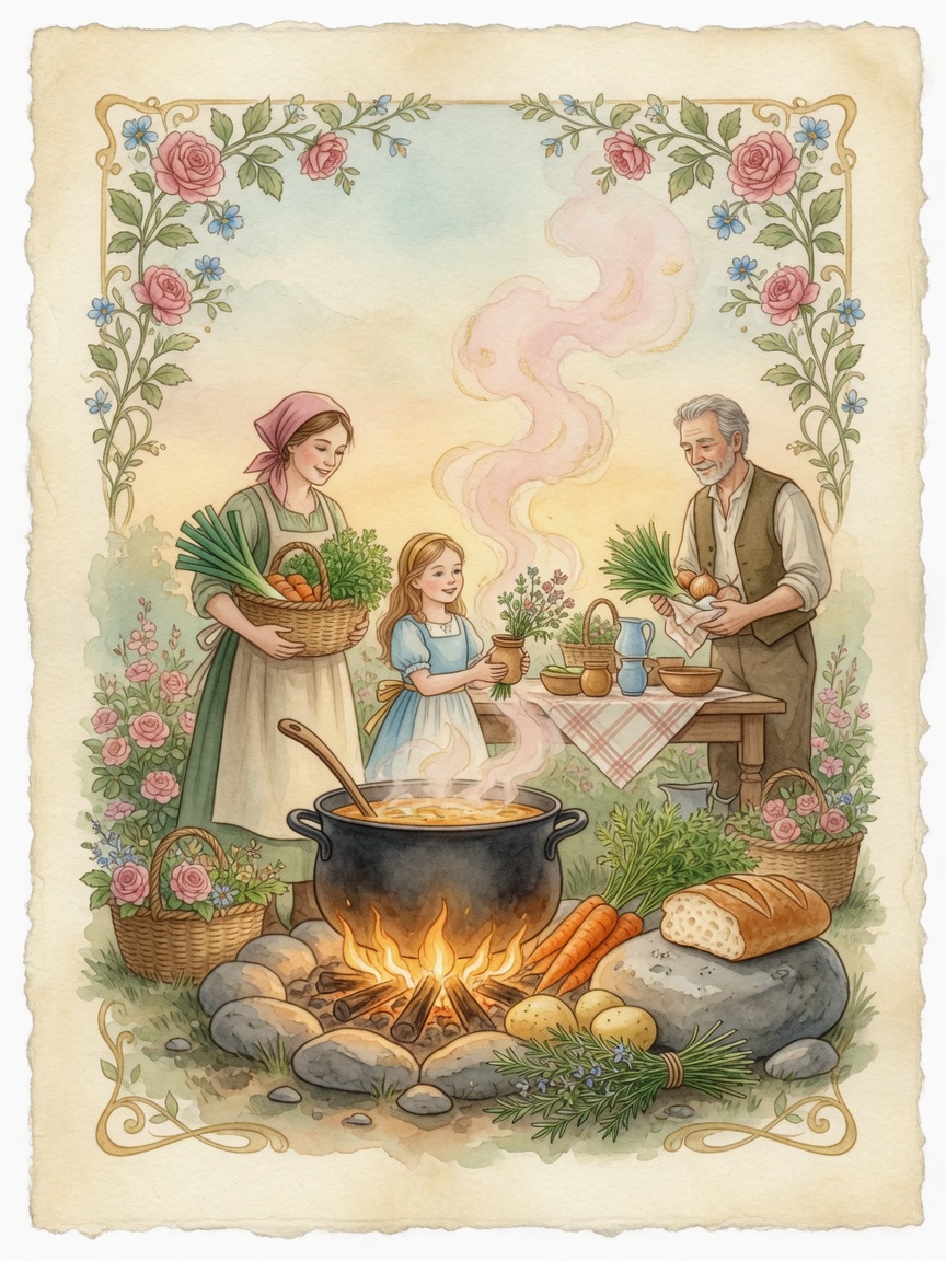 Watercolor illustration of villagers making stone soup together