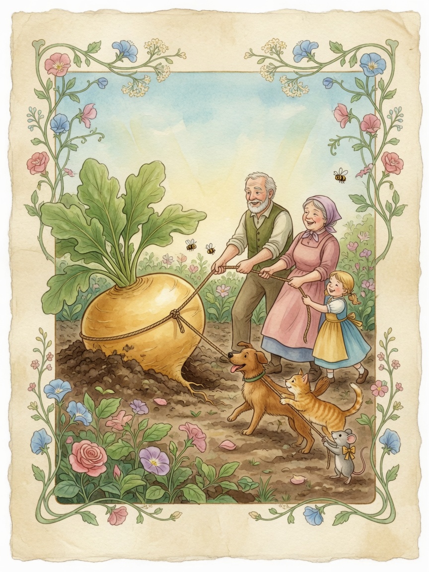 Watercolor illustration of helpers pulling an enormous turnip from a garden
